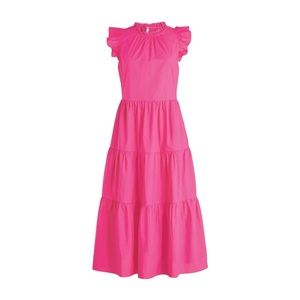 J.CREW Tiered Ruffle-Sleeve Cotton Poplin Dress - Neon Fuschia